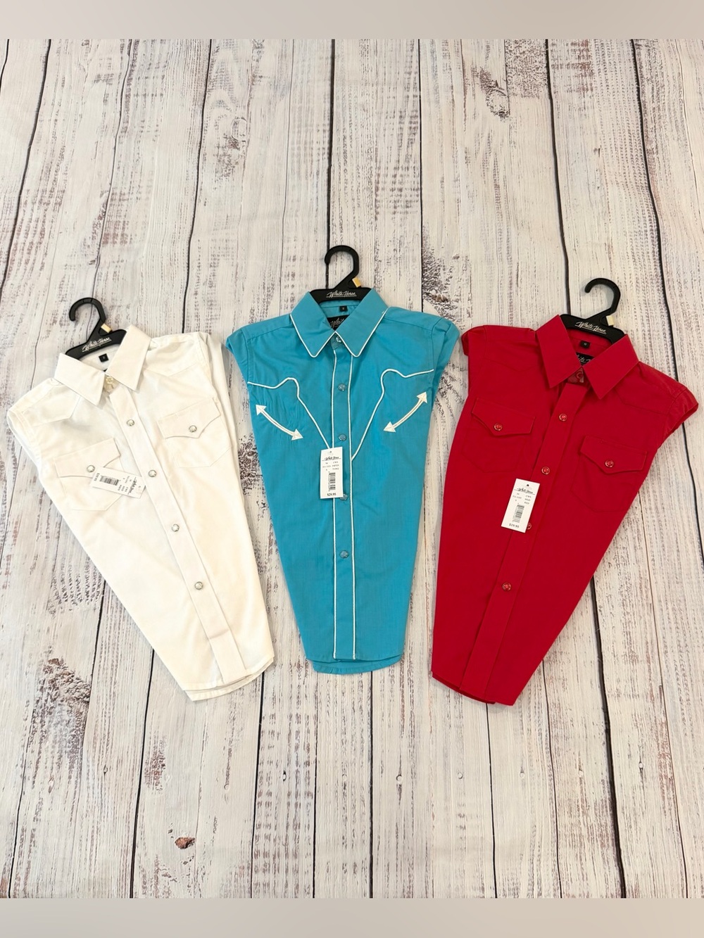 Set of 3 NEW Pearl Snap Western Shirts Kids Unisex S Red White Blue Cowboy Rodeo